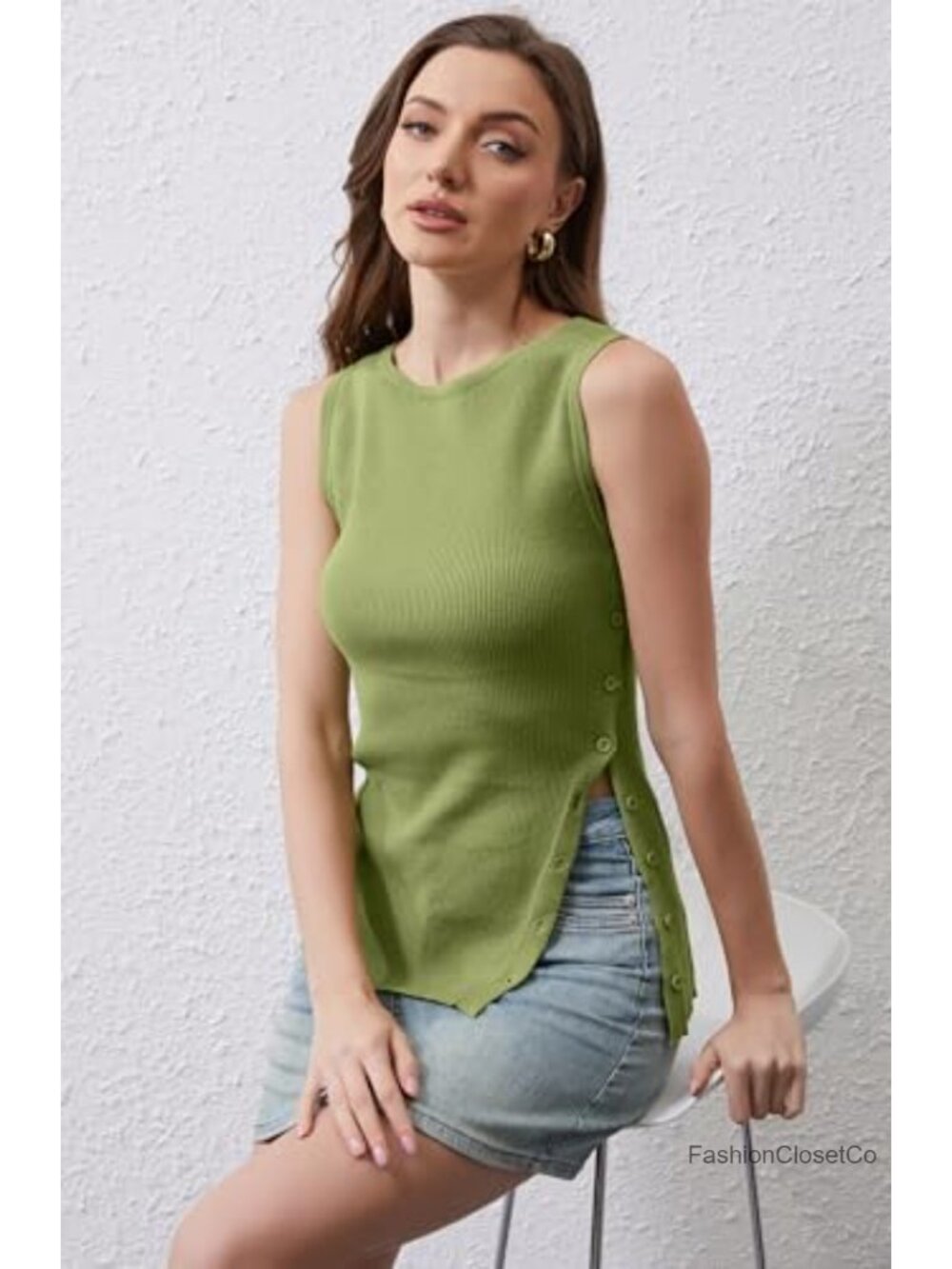 Women Sleeveless Asymmetrical Side Button Knit Sweater Vest Tank - Picture 3 of 6